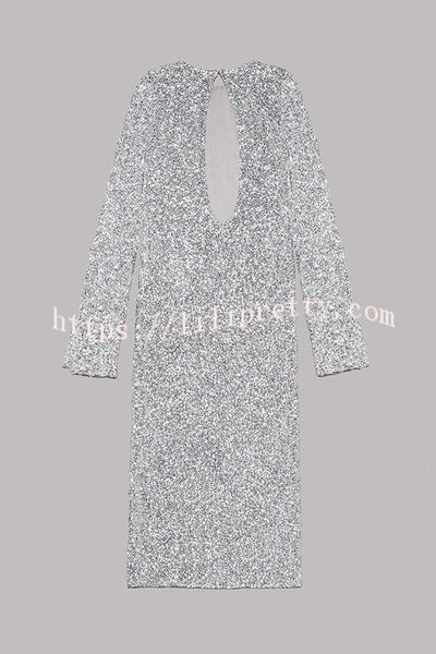 Ignite Sparkly Nights Sequin Extra Long Sleeve Open Back Loose Midi Dress