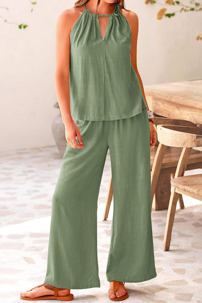 Cotton Linen Tie-up Tank Pants Suits