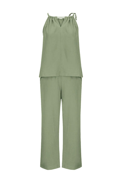 Cotton Linen Tie-up Tank Pants Suits