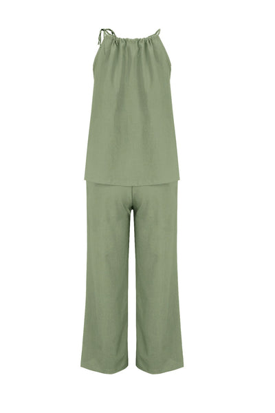 Cotton Linen Tie-up Tank Pants Suits