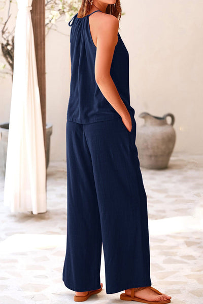 Cotton Linen Tie-up Tank Pants Suits