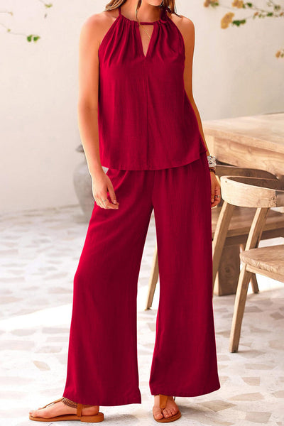 Cotton Linen Tie-up Tank Pants Suits