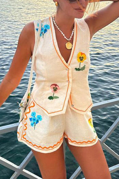 Floral Embroidery Tank Shorts Suits