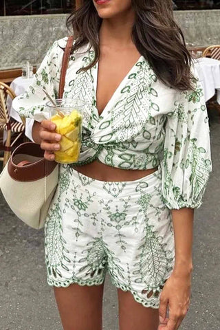 Hollow Embroidery V Neck Twisted Shorts Set