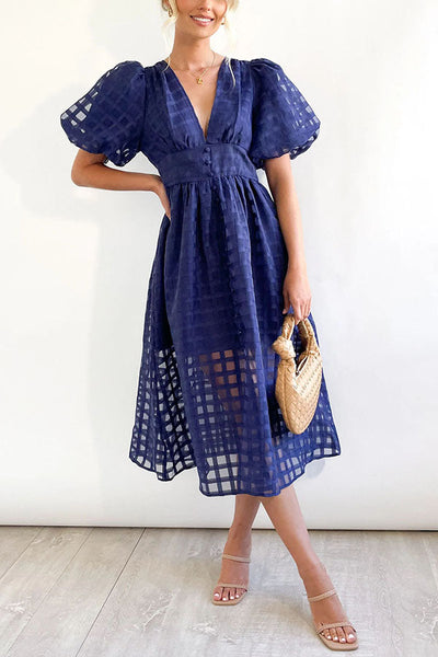 Remarkable Beauty Square Patterned Fabric Puff Sleeve Midi Dress