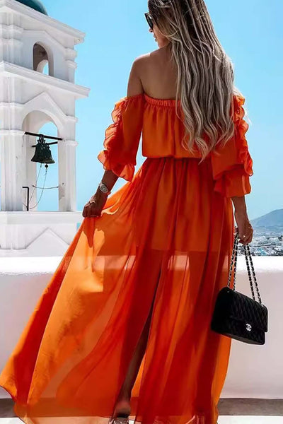 Off shoulder Slit Ruffle Midi Dress