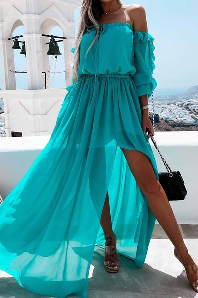 Off shoulder Slit Ruffle Midi Dress