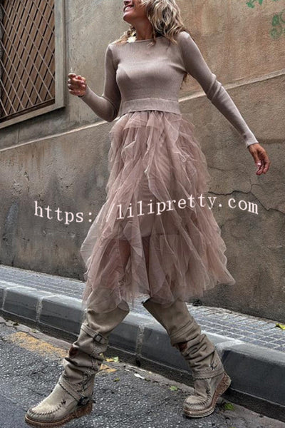 Jansen Ribbed Knit Patchwork Layered Tulle Ruffles Long Sleeve Midi Dress