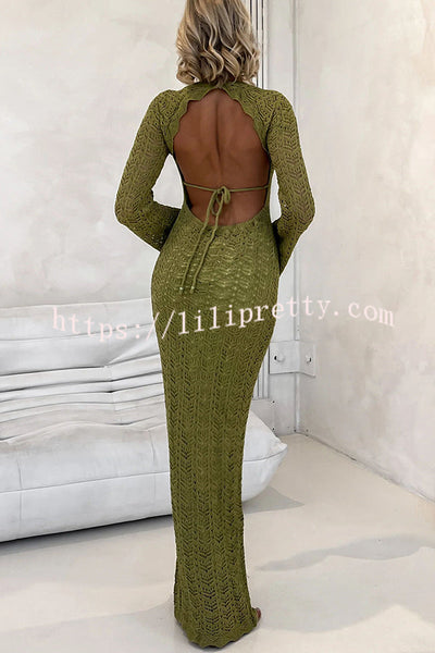 Avie Knit Textured Fabric Backless Tie-up Long Sleeve Stretch Maxi Dress