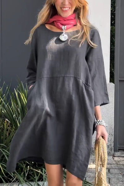 Linen Blend Solid Loose Casual Pocket Mini Dress