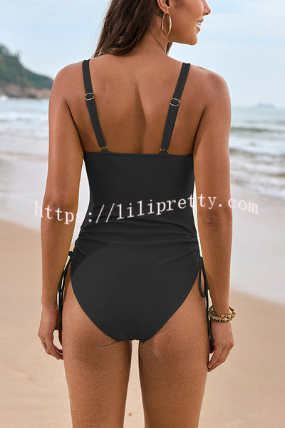 Solid Color Drawstring Waist Mesh One-Piece Bikini Swimsuit