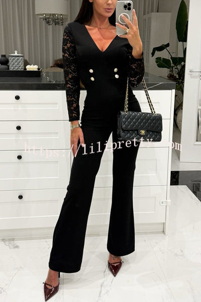 Call It Chic Lace Patchwork Metal Buckle Stretch Flare Jumpsuit