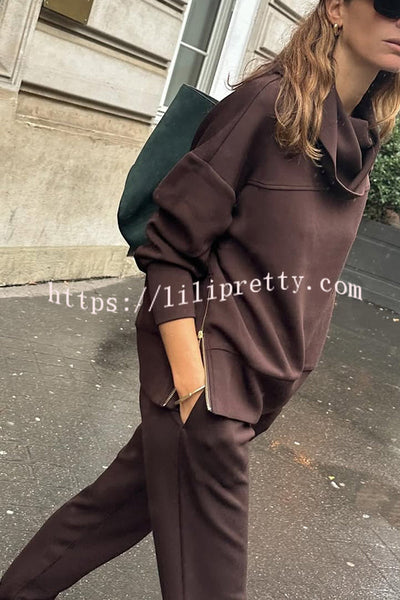 Afternoon Tea Time Turtleneck Side Zipper Sweatshirt and Elastic Waist Pocketed Loose Jogger Set