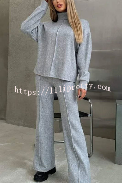 Solid Color Casual Knitted High Neck Long Sleeve Top and Elastic Waist Loose Pants Set