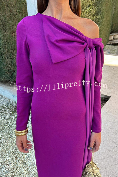 Vanessa Solid Color Long Sleeve Slim Fit Oversized Bow Tie Maxi Dress