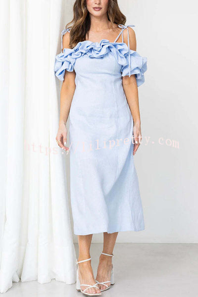 Exquisite and Comfortable Linen Blend Cloud Ruffles Back Smocked Slip Midi Dress