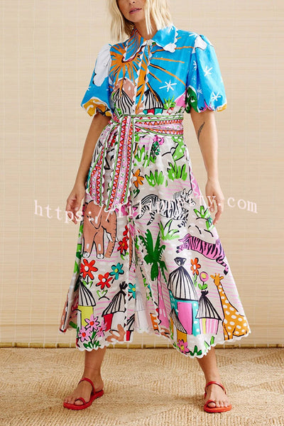 Daliah Unique Printed Wave Lace Puff Sleeves Loose Pocket Maxi Dress