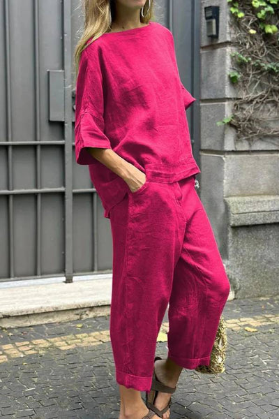 Casual Solid Color Crewneck Top & Pants Cotton Linen Two-piece Set