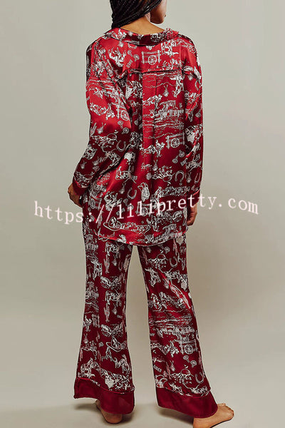 Unique Printed Lounge Long-sleeved Shirt and Elastic Waisted Baggy Pants Set