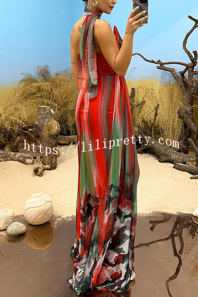 In A Dreamland Chiffon Floral Print Off Shoulder Pleated Scarf Slit Maxi Dress