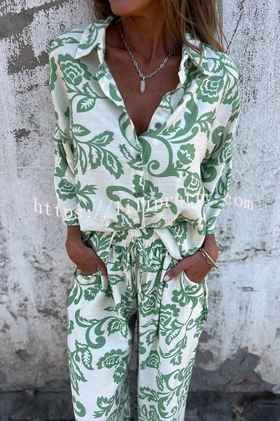 Linen Blend Unique Print Long Sleeve Loose Shirt and Elastic Waist Tie Pocket Pants Set