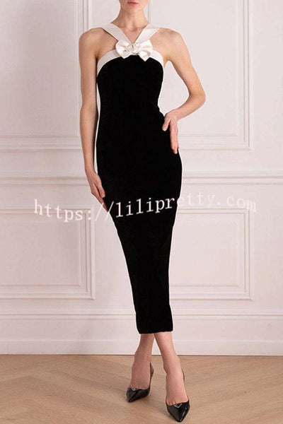 Sociable Elegance Velvet Contrast Bow Shoulder Strap Slit Stretch Midi Dress