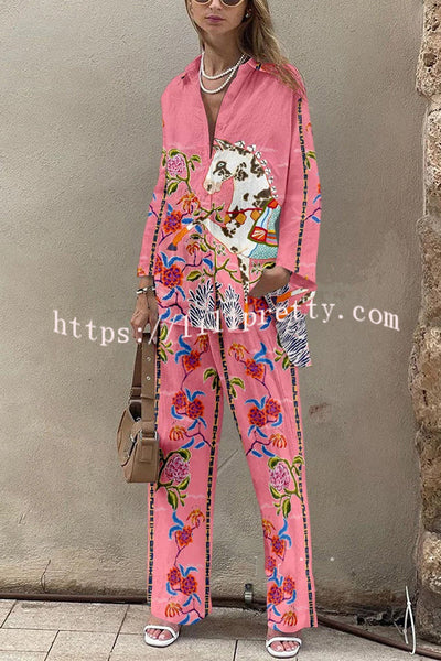 Horse Print Oversized Long Sleeved Shirt and Elastic Waist Pocket Pants Set