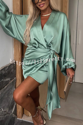 Luxurious Tokyo Satin Balloon Sleeve Wrap Tie-up Loose Mini Dress