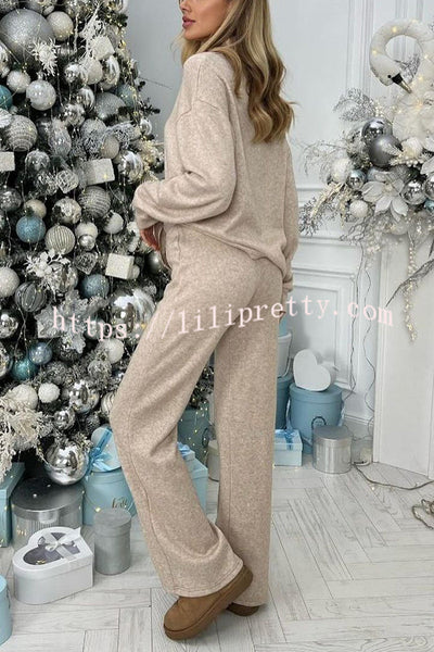 Solid Color Casual Knitted High Neck Long Sleeve Top and Elastic Waist Loose Pants Set