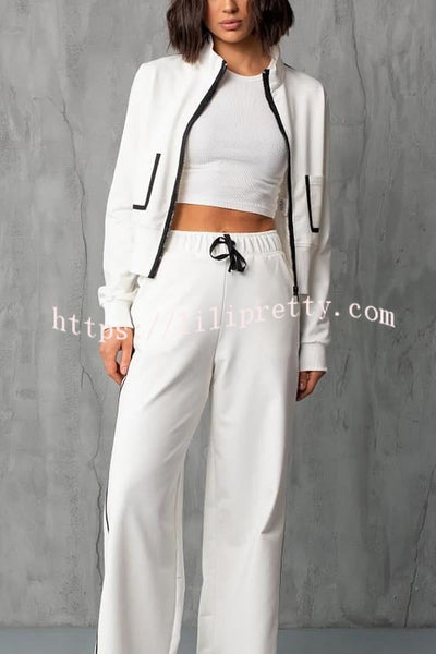 Andi Contrast Color Zipper Stand Collar Jacket and Drawstring Waist Pocketed Loose Pants Set