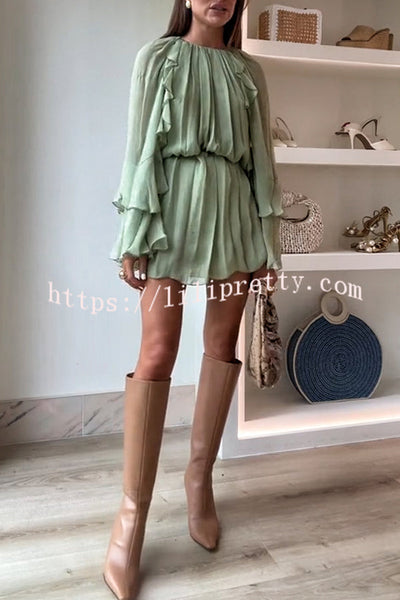 Seeds of Happiness Chiffon Tiered Ruffles Bell Sleeve Gathered Loose Mini Dress