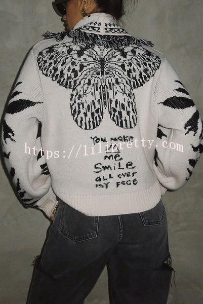 Black Magic Knit Unique Butterfly Pattern Button Up Fringed Lapel Cardigan