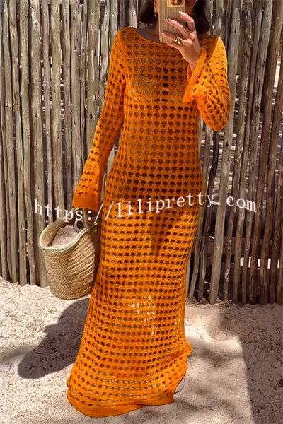 Sunny Beachside Crochet Knit Hollow Out Long Sleeve Cover-up Maxi Dress