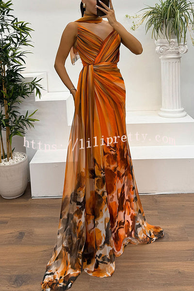 In A Dreamland Chiffon Floral Print Off Shoulder Pleated Scarf Slit Maxi Dress