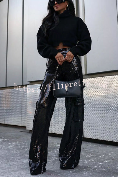 Night Gathering Sequin High Rise Pocketed Wide Leg Cargo Pants