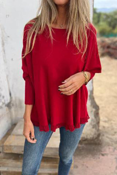 Solid Color Loose Long Sleeve Lace Knitted Sweater