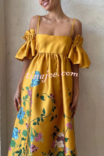 Sweetest Marigold Printed Gathered Sleeve Pocketed A-line Midi Dress