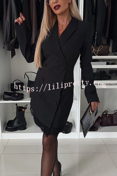 Confidence Style Button Up Lapel Lace Trim Blazer Mini Dress