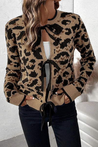 Brown Leopard Print Bow Tie Knit Cardigan