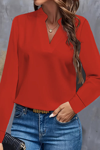 Solid Color Loose V-neck Long-sleeved Casual Shirt