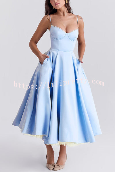 Fairytale Vibe Satin Patchwork Tulle Sweetheart Neck Pocket Stretch Midi Dress