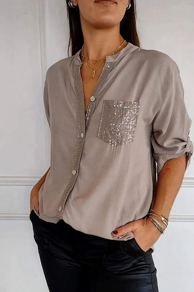 Solid Color Casual Loose Sequin Pocket Shirt Top