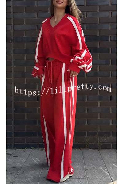 Sports Fashion Contrast Color V-neck Sweatshirt and Drawstring Waist Pocketed Loose Pants Set