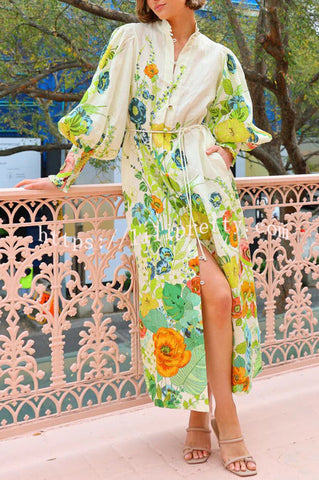 Summer Party Floral Print Balloon Sleeve Pocketed Belt Shirt Midi Dress