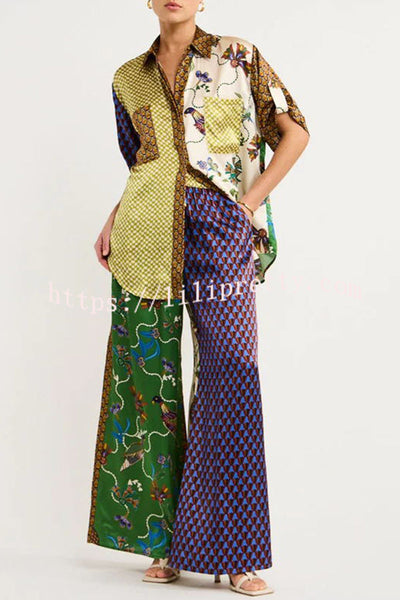 Lilipretty Nia Satin Unique Print Patchwork Elastic Waist Pocketed Wide Leg Pants