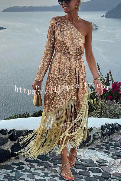 For The Love Gold Sequin One Shoulder Belted Fringes Midi Dress