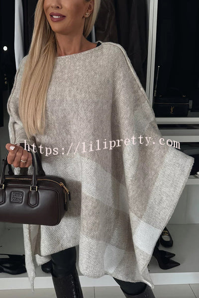 Calm and Elegant Knit Plaid Color Block Batwing Sleeve Loose Poncho