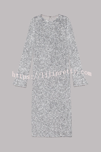 Ignite Sparkly Nights Sequin Extra Long Sleeve Open Back Loose Midi Dress