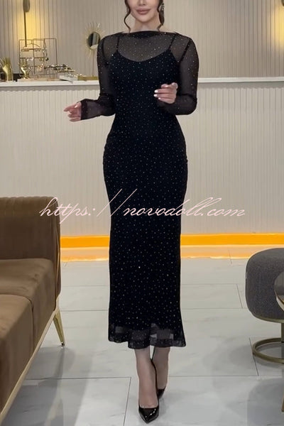 Raylene Mesh Diamond Glitter Fabric Long Sleeve Stretch Midi Dress