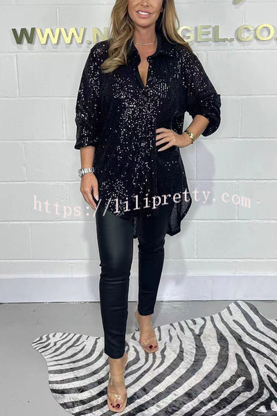 Party Season Solid Color Sequin Button Long Sleeve High Low Shirt